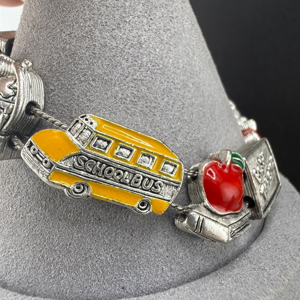 Teacher School Slide Charm Bracelet Silver Tone Enamel Bus Apple Books 7" - Picture 2 of 12